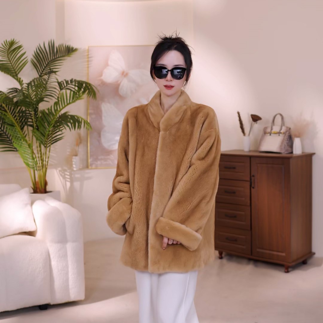 影小姐新款进口水貂毛女款立领外套气质整貂貂皮大衣