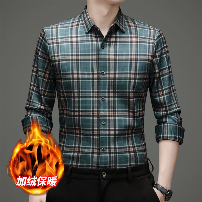 啄木鸟冬季加绒男士衬衫格子轻奢大气经典百搭百搭高档男衬衣