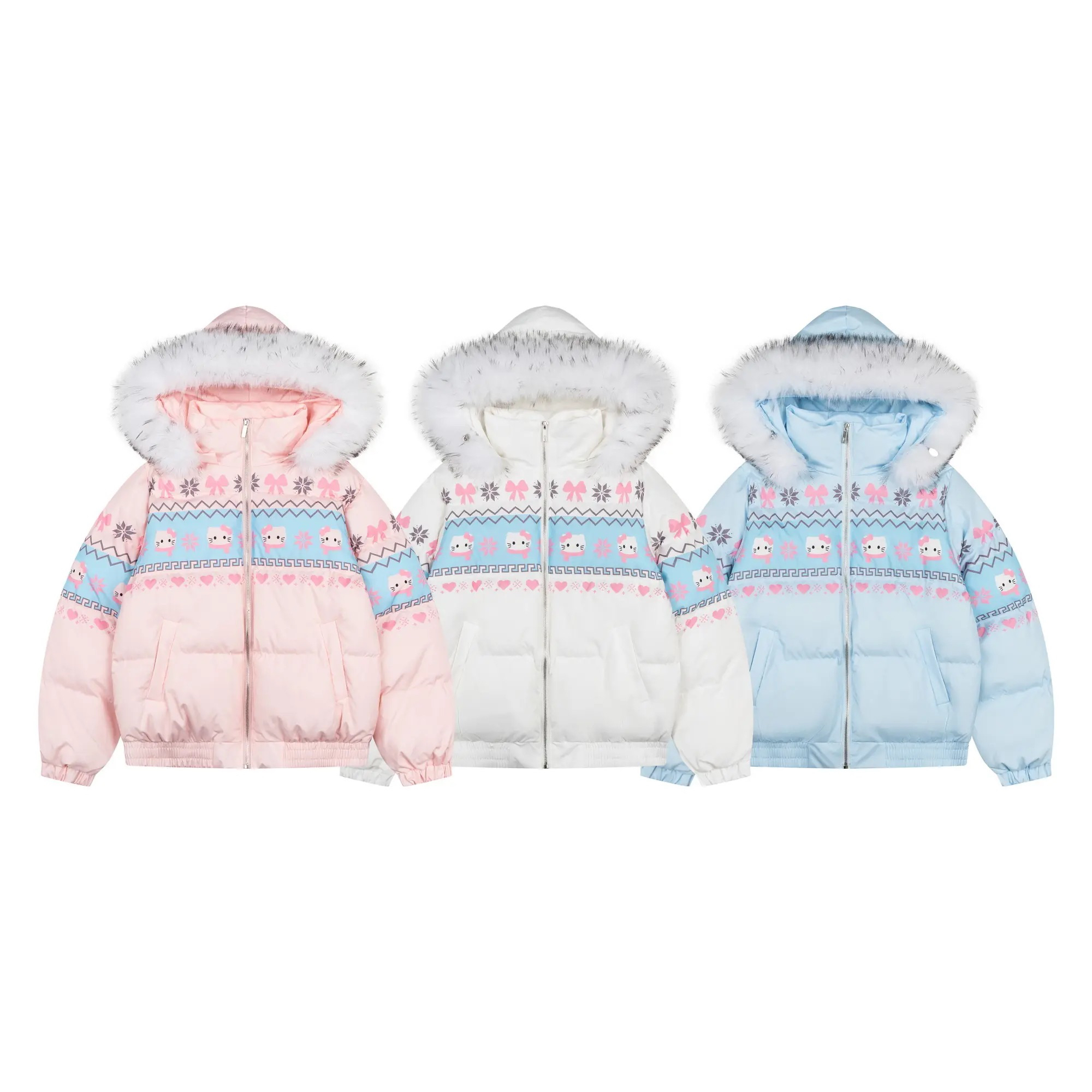 美式复古费尔岛印花毛领连帽加厚宽松棉服外套女冬季