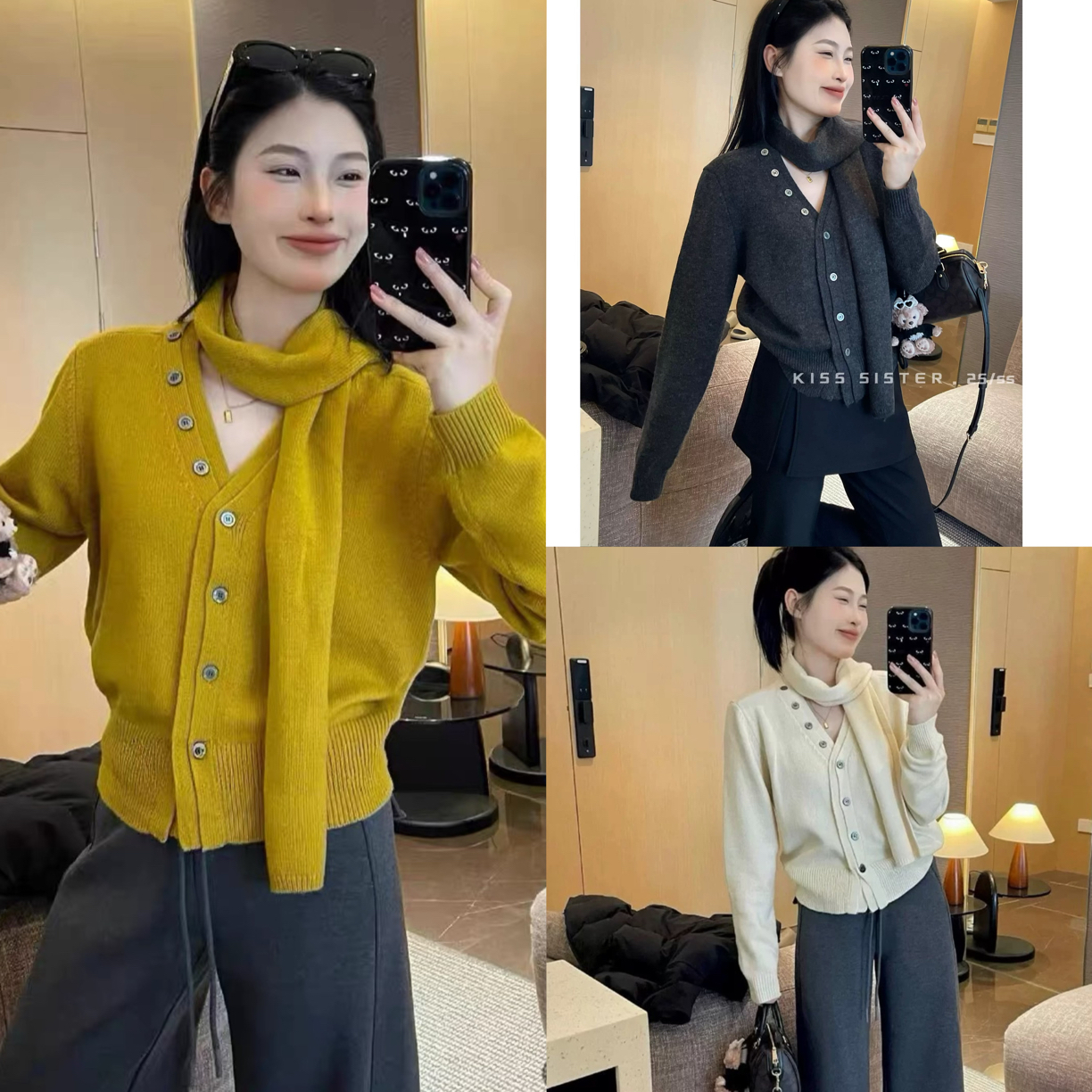 宜美多家 小香风配围巾V领单排扣山羊绒上衣62071