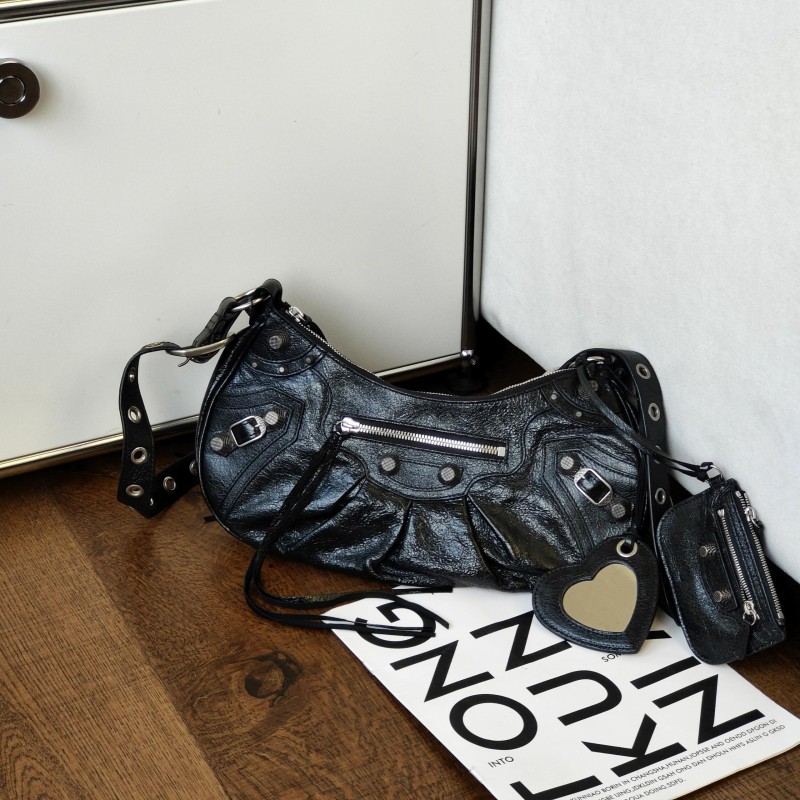 95新 Balenciaga/巴黎世家 黑银羊皮le cagole S号斜挎包 52472