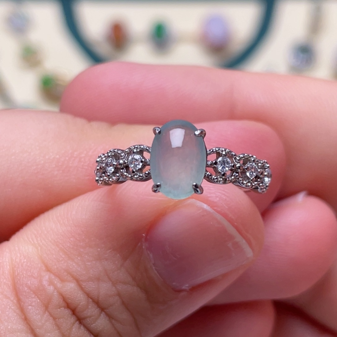 翡翠戒指银S925镶嵌纯天然缅甸翡翠