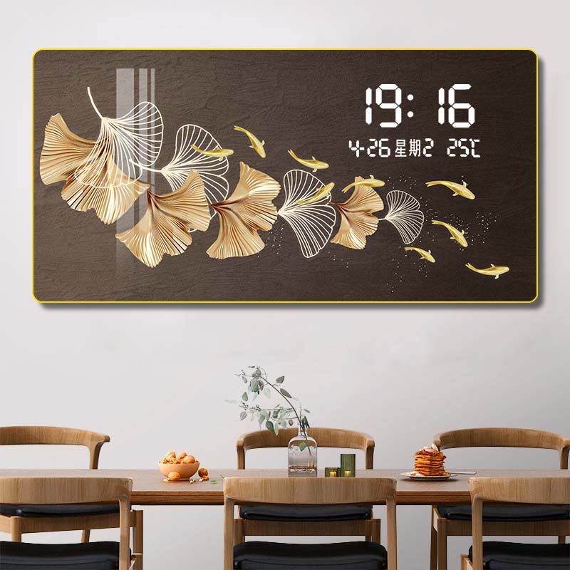 金色年华数显插电款钟表装饰画客厅沙发背景墙装饰画横幅新中式