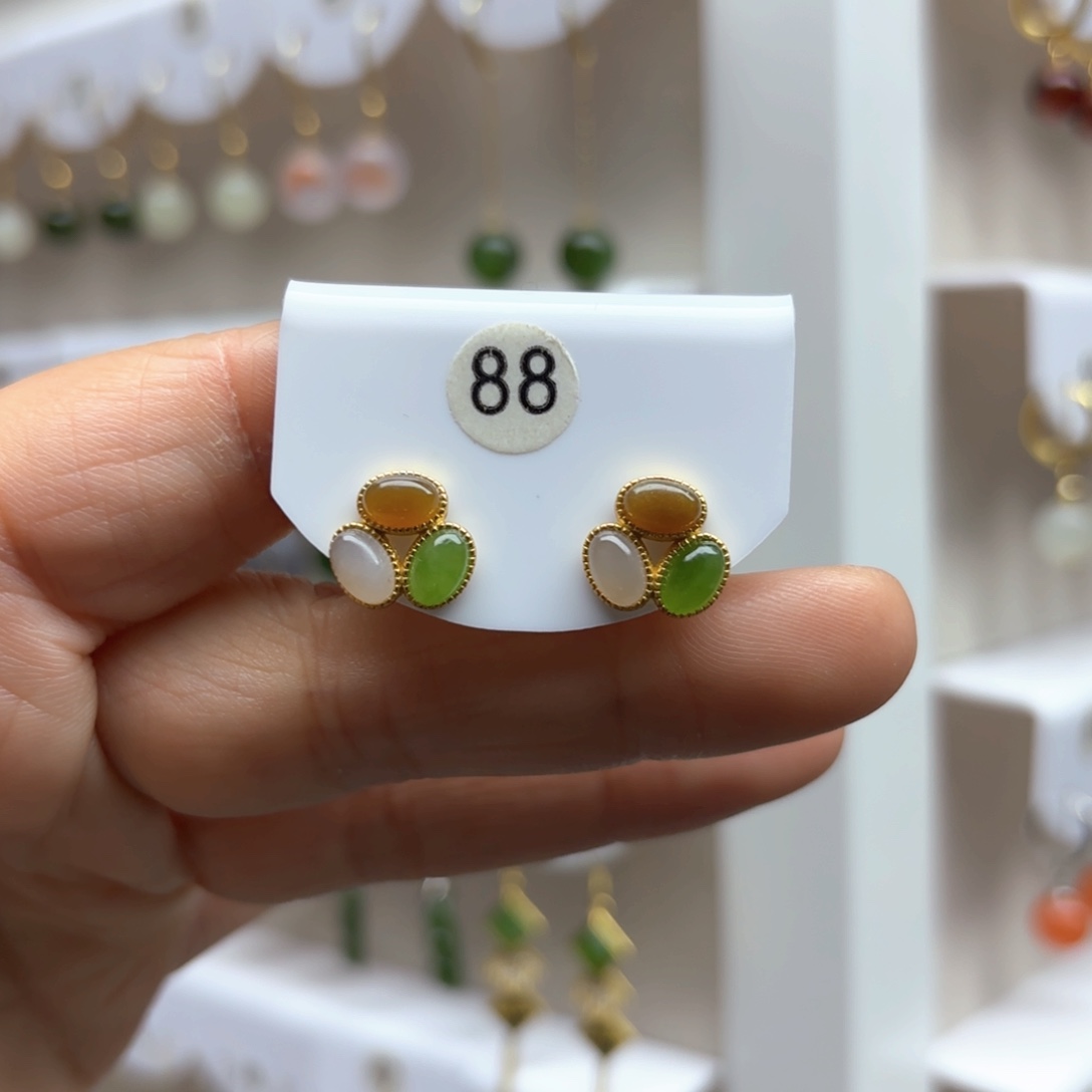 和田玉耳饰银S925镶嵌