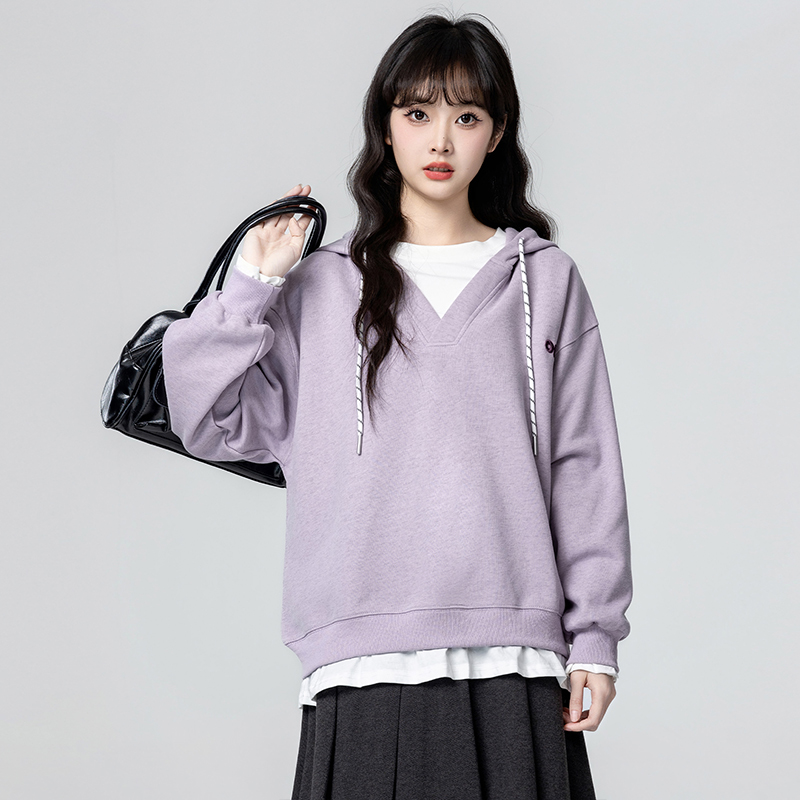 紫色假两件连帽卫衣女秋冬2025冬季新款宽松休闲学生套头带帽上衣