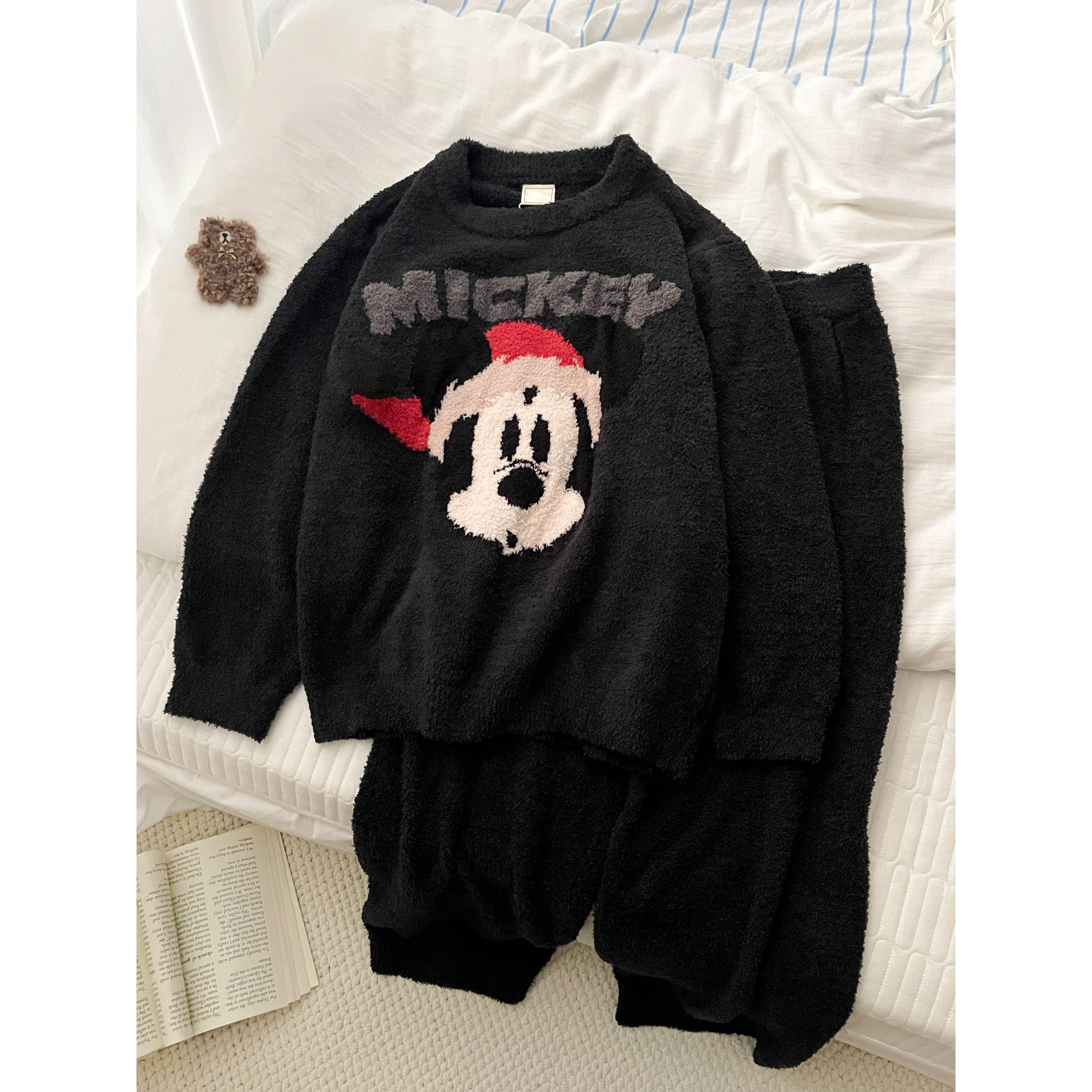 甜美卡通米奇印花针织半边绒睡衣女冬季款加厚保暖情侣家居服套装