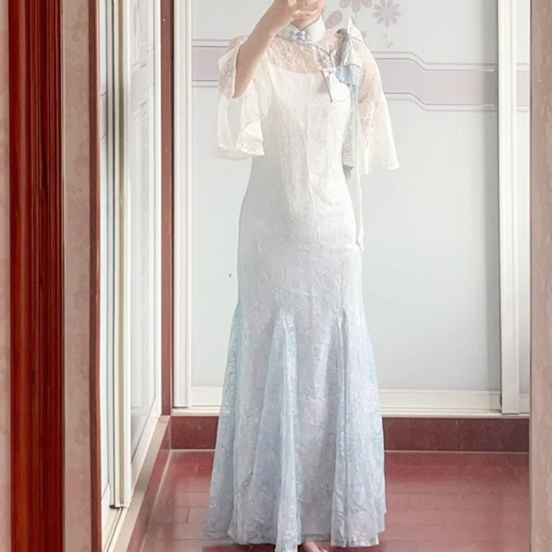 渐变蓝色修身收腰国风长裙秋季新款汉元素复古时尚休闲百搭连衣裙