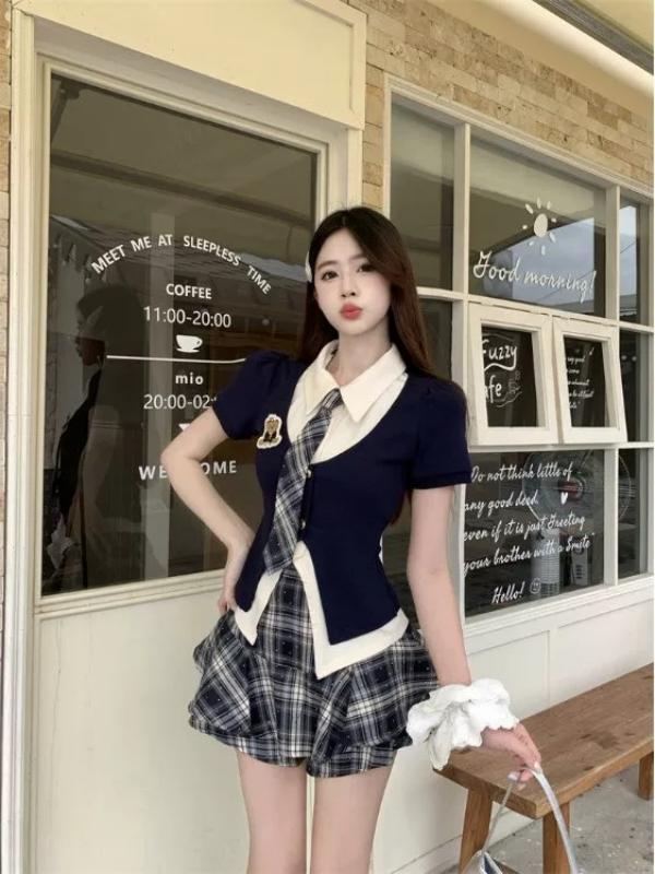 韩系甜美学院少女jk夏日制服格纹衬衫+不规则清新短裙两件套装女