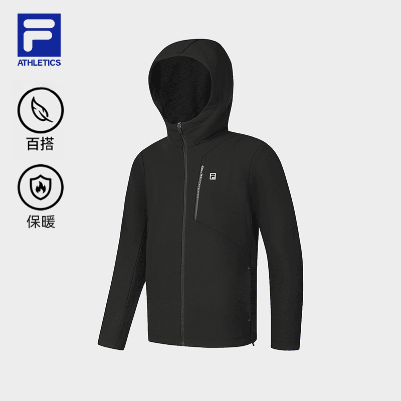 Fila/斐乐黑色男户外简约加绒梭织外套 保暖连帽上衣A11M511703F