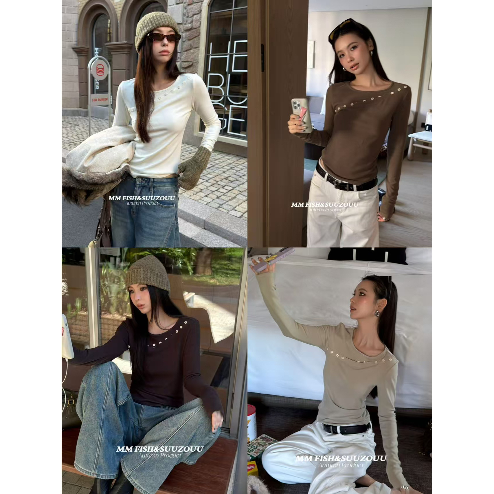 馒头（1mtt638#）斜扣子镂空- 圆领百搭休闲长袖T恤12-2