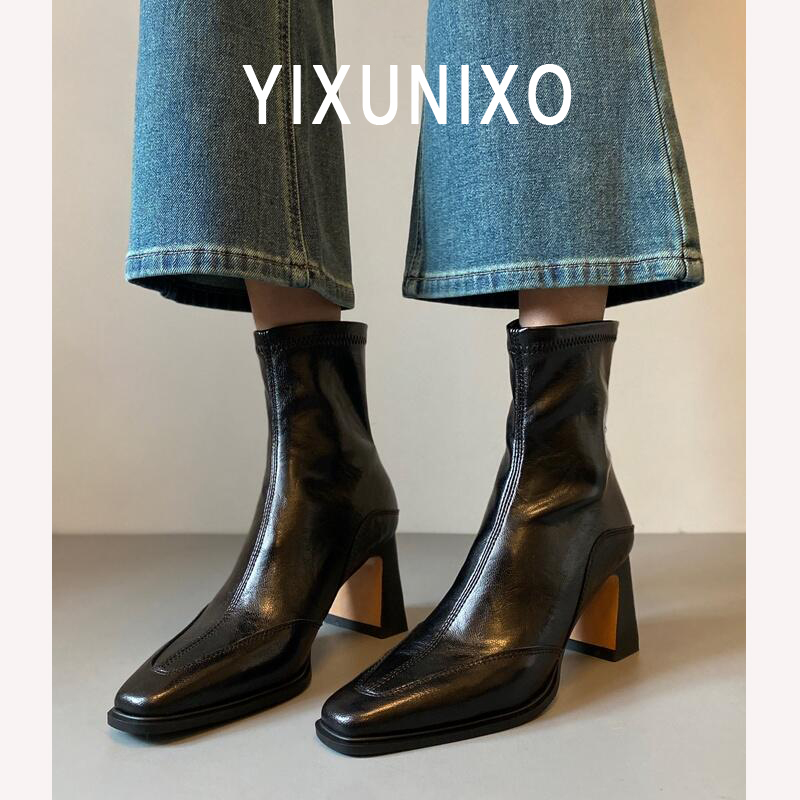 羊皮版~真皮高跟短靴子弹力瘦瘦靴女后拉链洋气通勤百搭马丁靴女