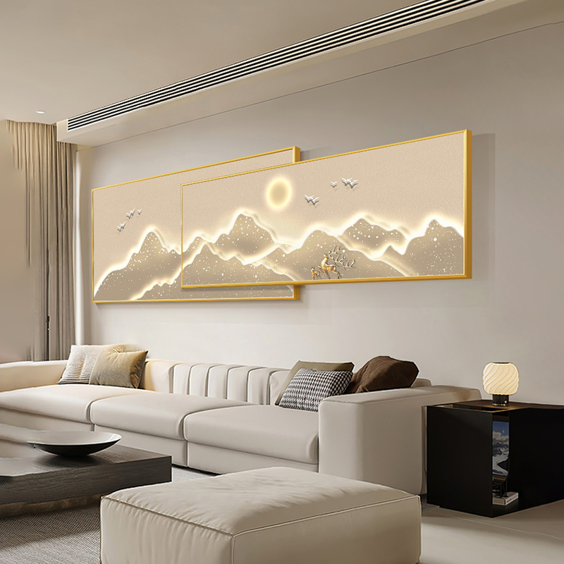 背有靠山客厅装饰画日照金山高级感磅礴大气沙发背景两联叠加挂画