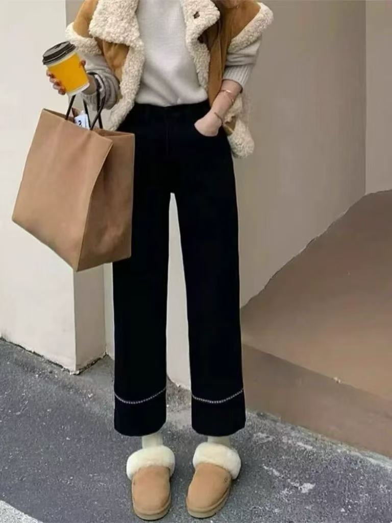 4477  春秋新款直筒裤梨形身材高腰显瘦弹力阔腿裤子