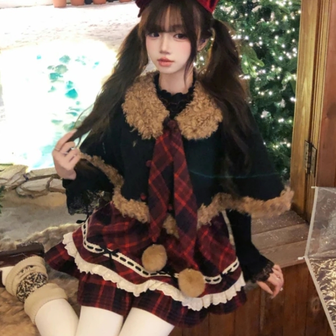 林林圣诞恋歌 学院风复古假两件大码半身裙连衣裙裙子披肩7677诺