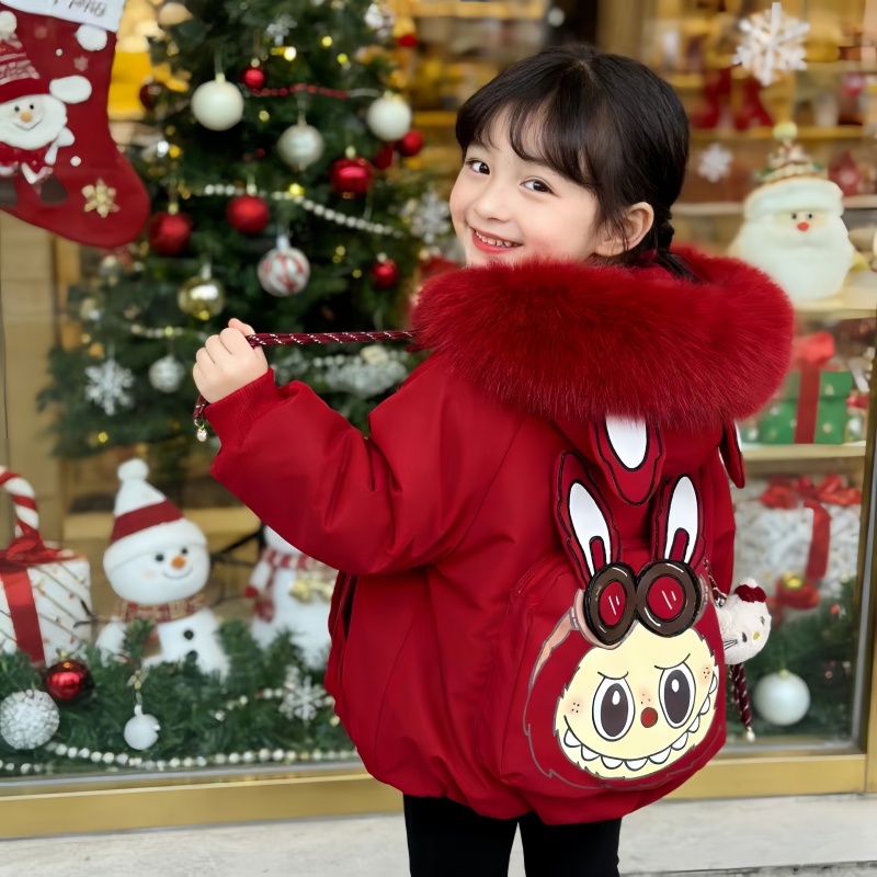 儿童冬季棉服女童红色加绒加厚冬装卡通时尚可爱棉衣喜庆拜年棉袄