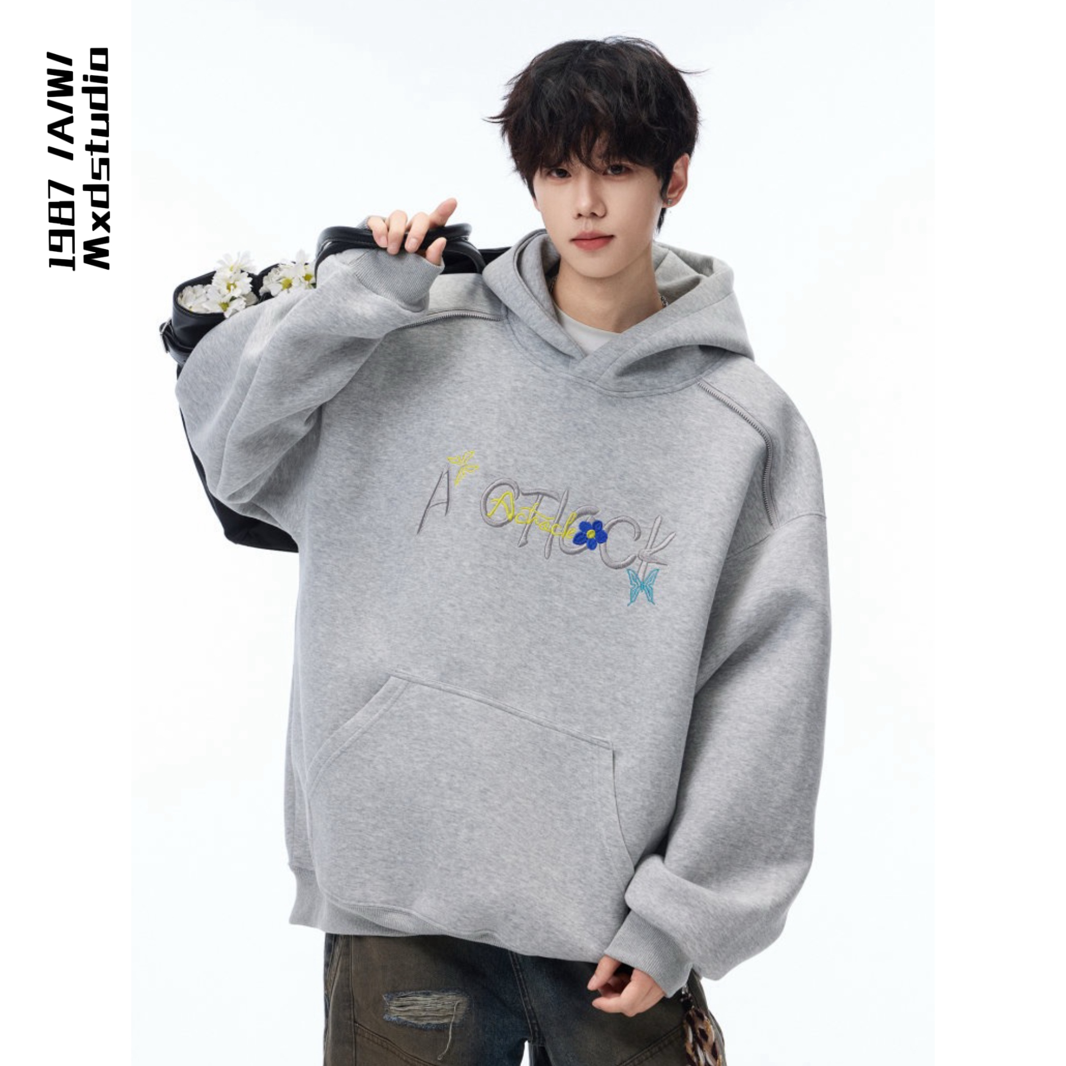 BBXX 秋冬重磅600g美式撞色刺绣字母连帽卫衣男加绒加厚宽松外套