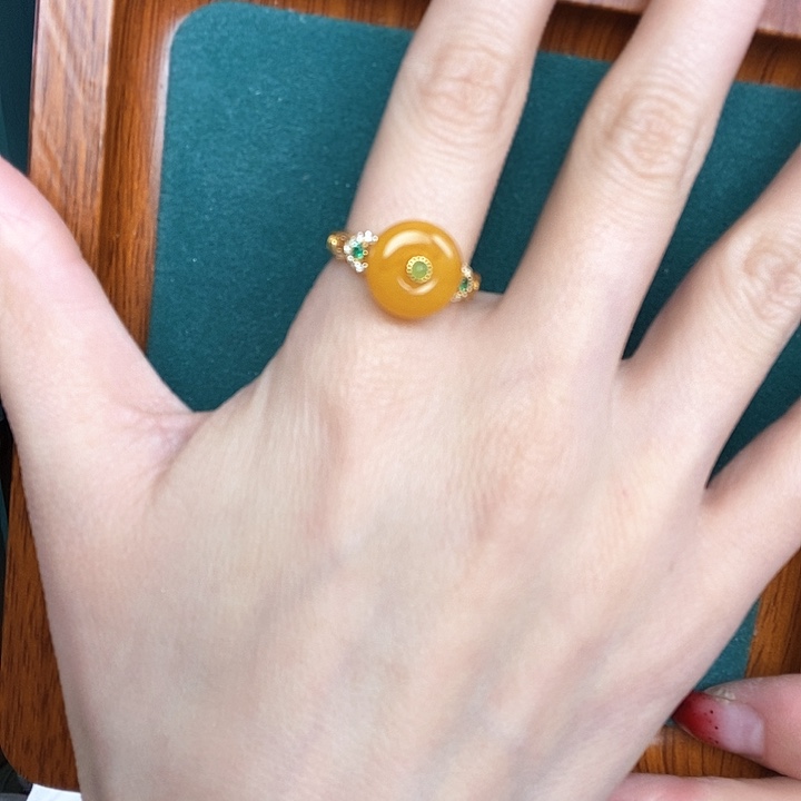 蜜蜡戒指银S925镶嵌戒指