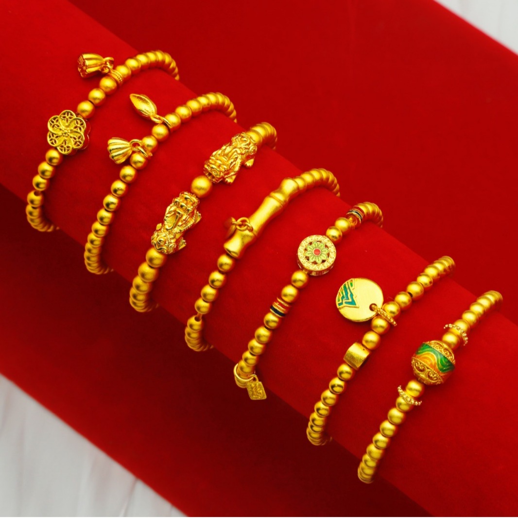 铜合金手链 厚金弹力不掉色珐琅相花福牌貔貅竹节两世欢莲蓬手串
