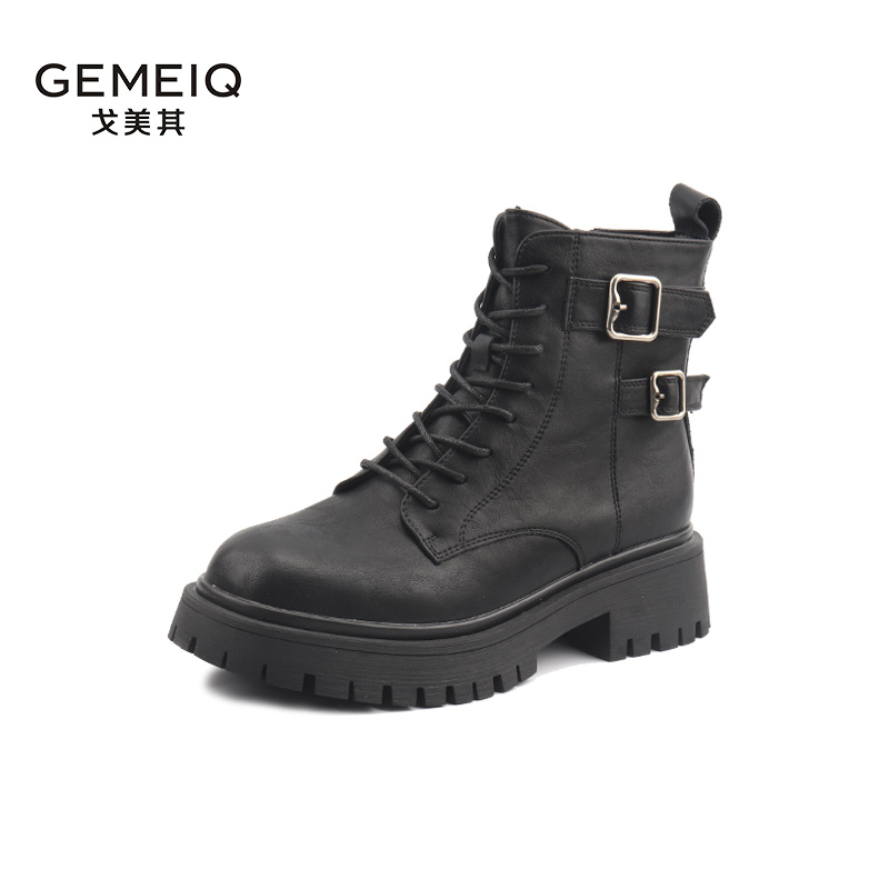 圆头秋冬防水台马丁靴系带中筒靴英伦风靴子休闲A401