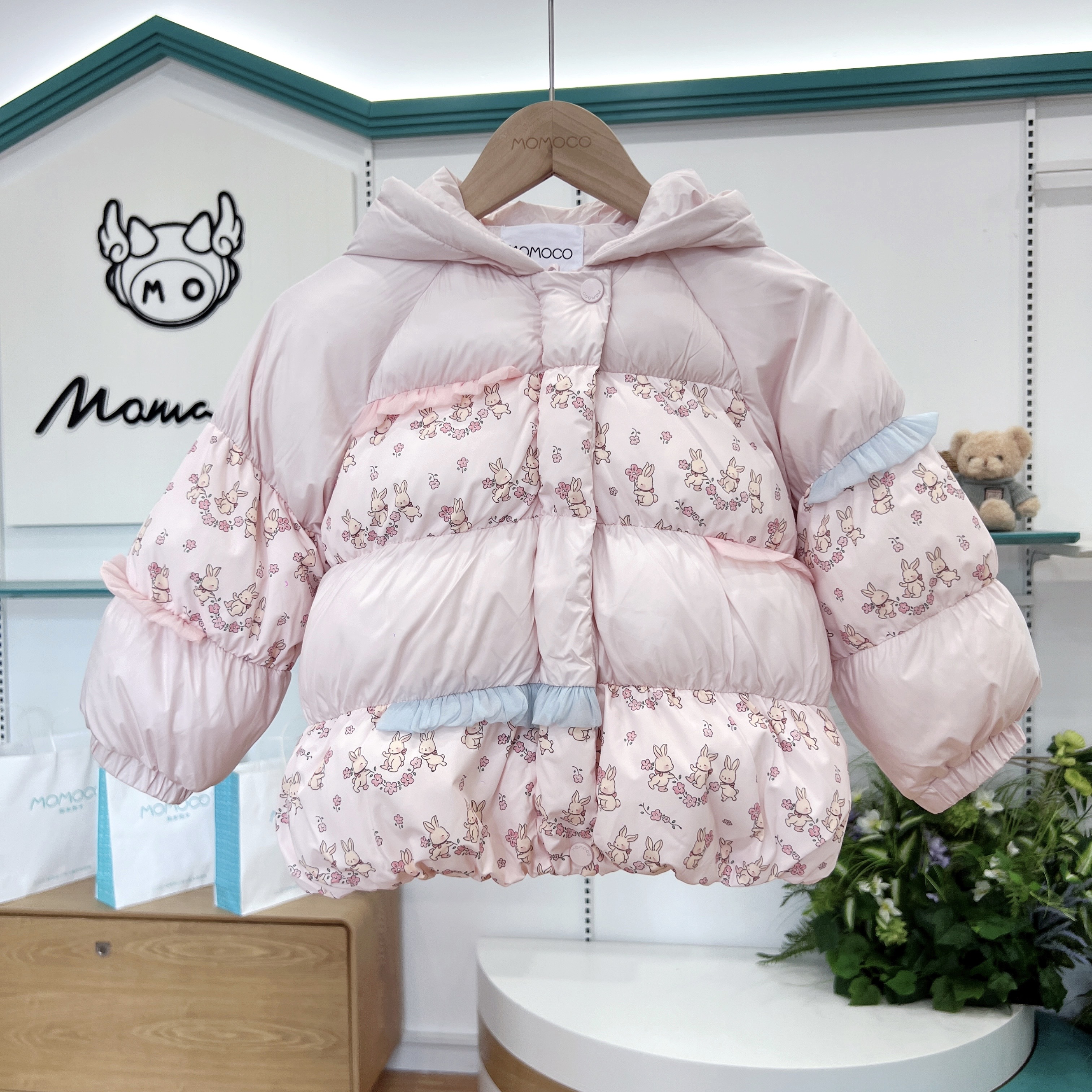 MOMOCO女童冬季新款甜美粉色兔子少女风碎花棉服外套77880101005