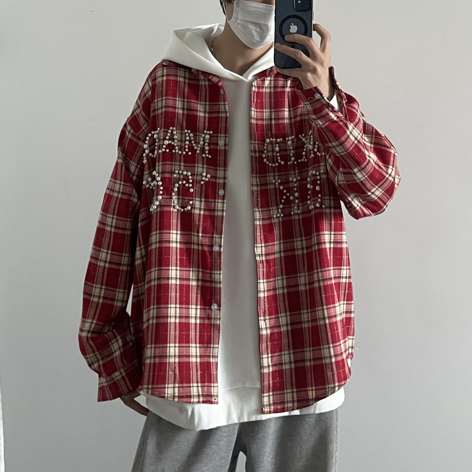Jimei·美式复古高街刺绣红色格子长袖衬衫男vintage衬衣外套