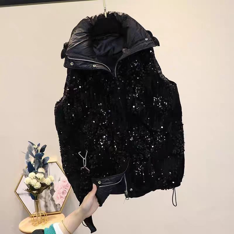黑色亮片马甲外套棉袄外套坎肩