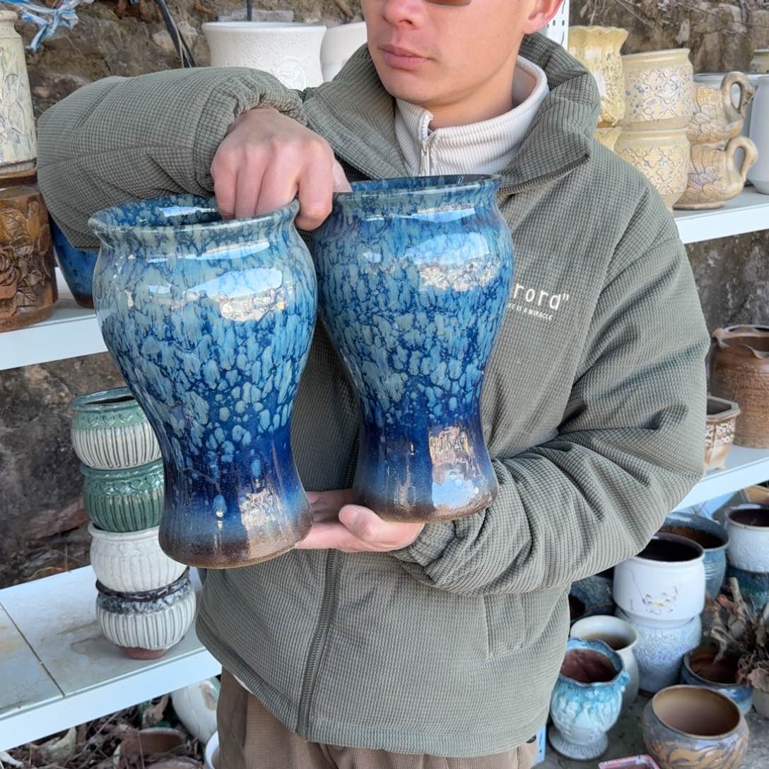 紫砂花盆口15高26（两个美人鱼蓝雪花