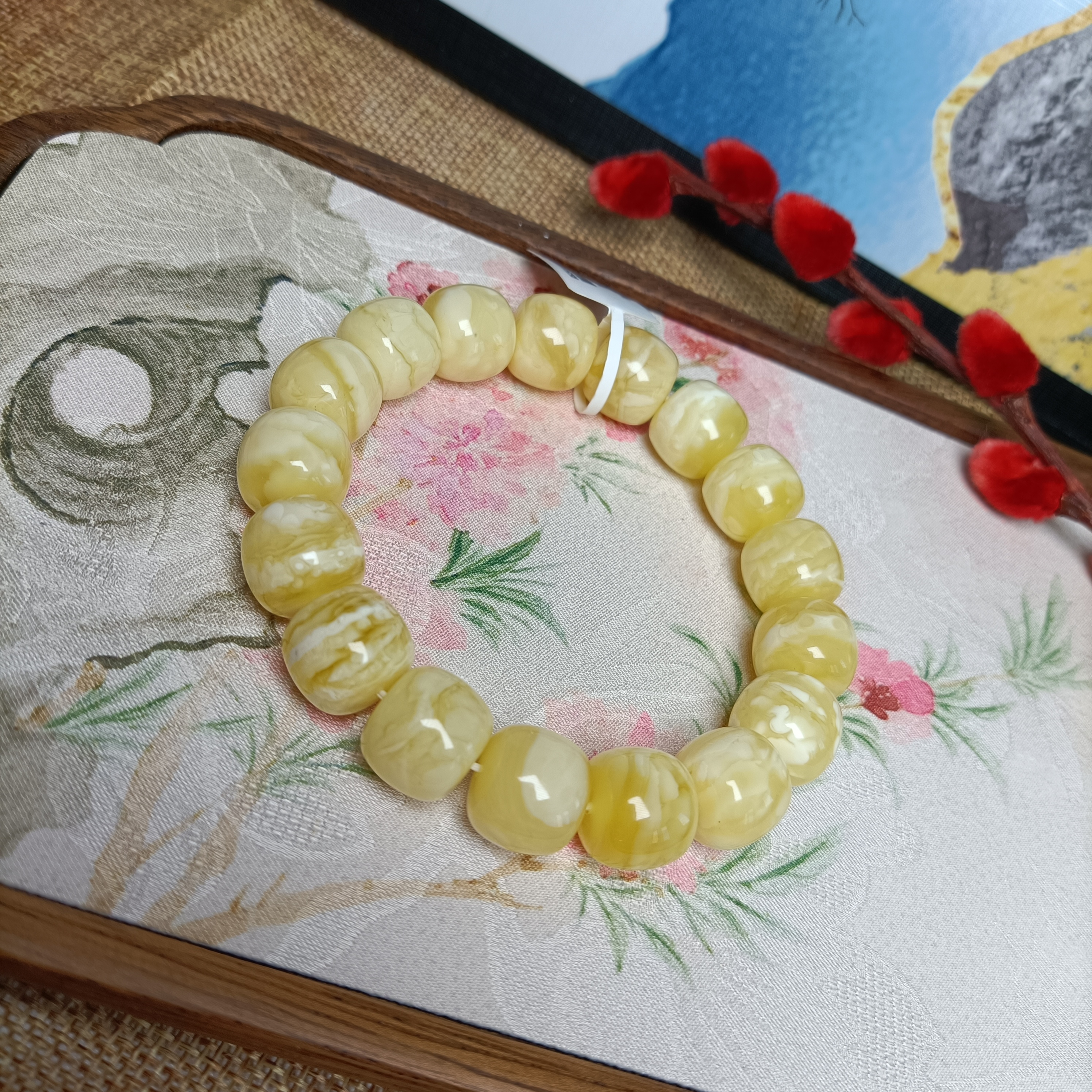 天然俄料蜜蜡白蜡精品老型手串~5238