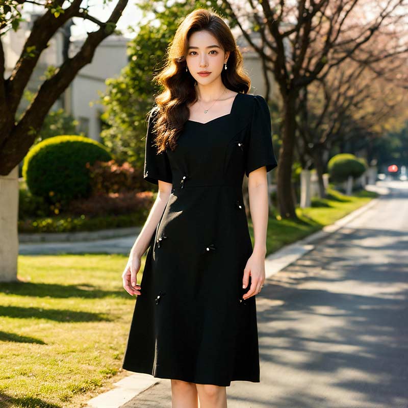 奢姿大码女装2025夏季时尚方领连衣裙胖妹妹气质蝴蝶结装饰裙子