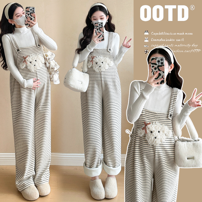 孕妇卡通背带裤加绒加厚秋冬款新款韩版孕妇长袖打底衫显瘦两件套