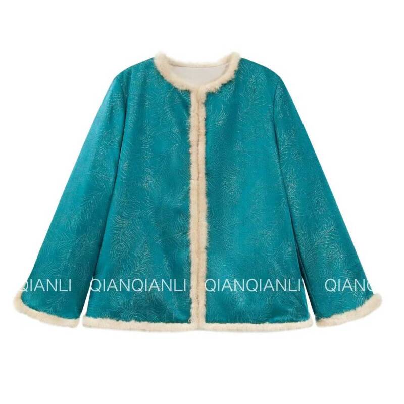 QIAN【雀羽青蓝】100%桑蚕丝正绢+水貂毛+3M棉袄外套