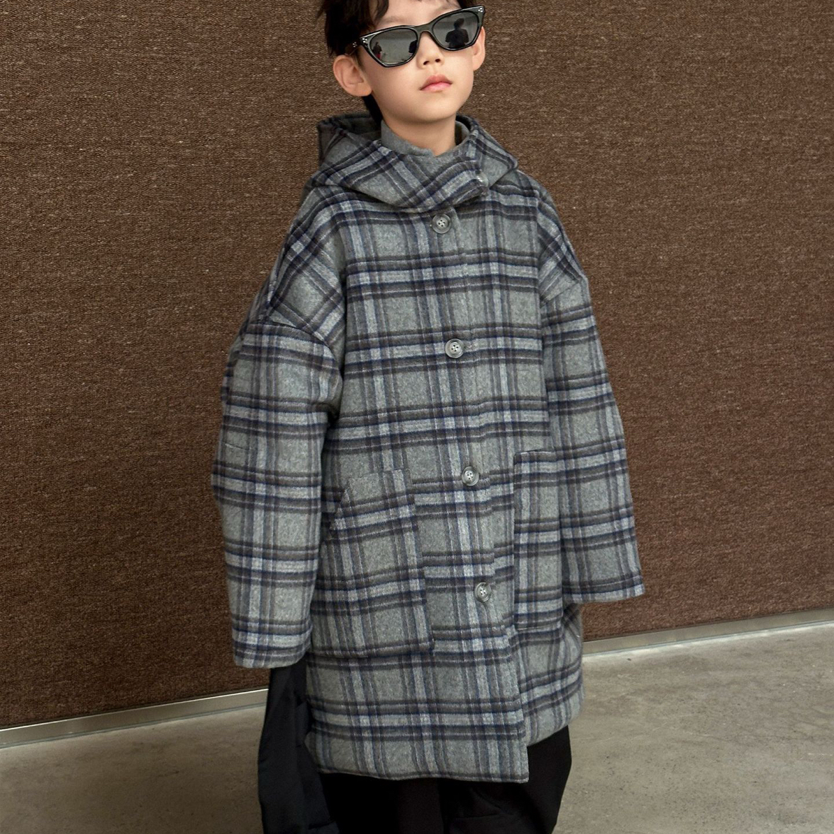 清仓！拉萨发货男童女童毛呢子大衣冬夹棉格子帅气英伦中长款外套