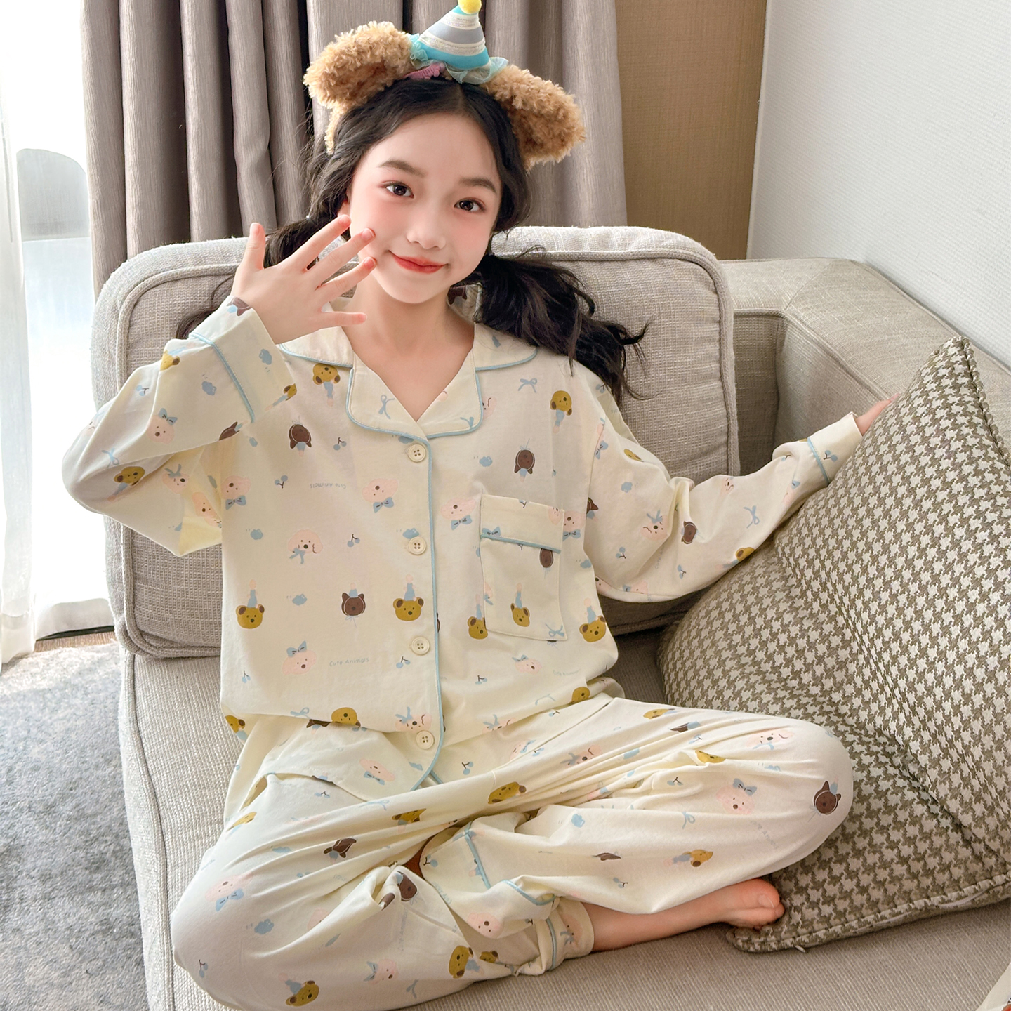 女童纯棉高端睡衣秋季新款初中生小女孩春秋空调服长袖家居服套装