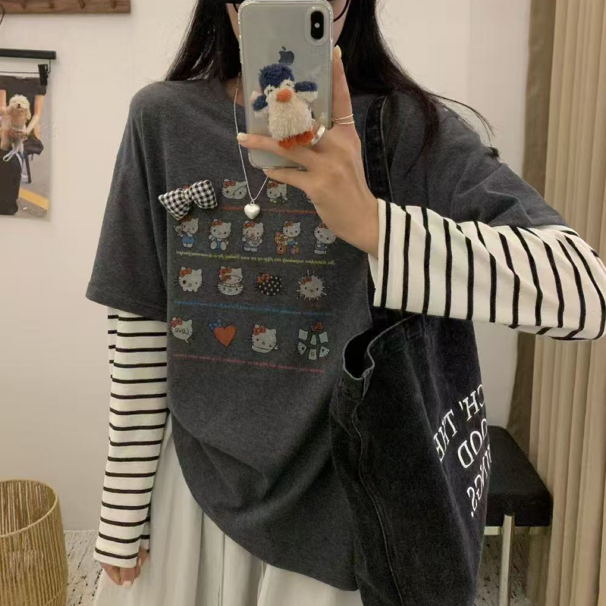 深灰色卡通印花拼接假两件条纹长袖T恤女秋2025新款显瘦宽松上衣