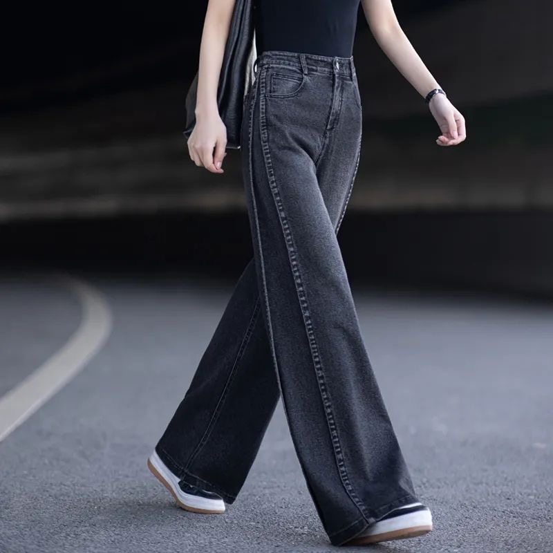 黑灰色加绒牛仔裤女2025新款秋冬裤子显瘦直筒裤高腰阔腿裤长裤女