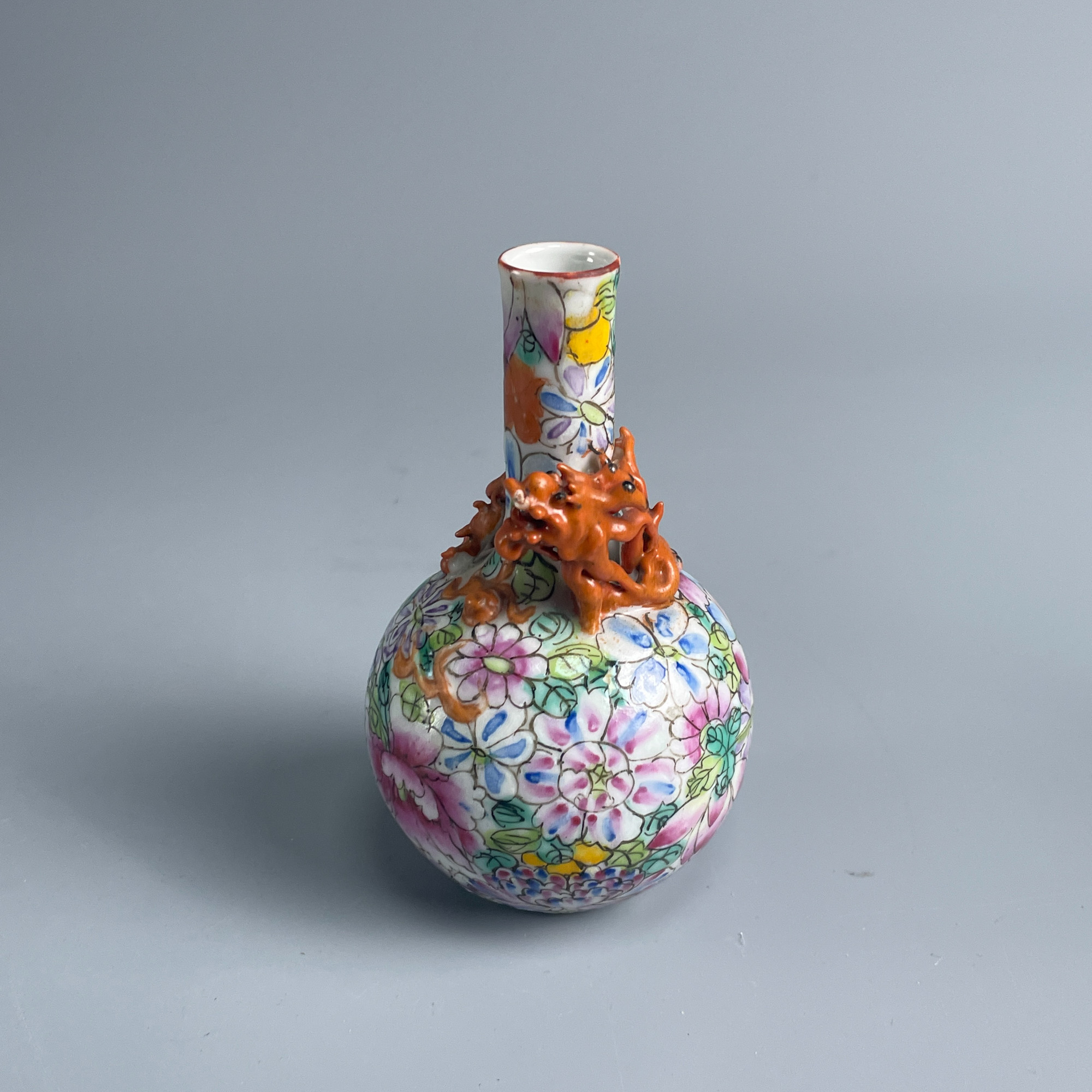 民国百花不落地堆塑螭龙纹天球瓶M2XLT000299/收藏/文物/绣花张