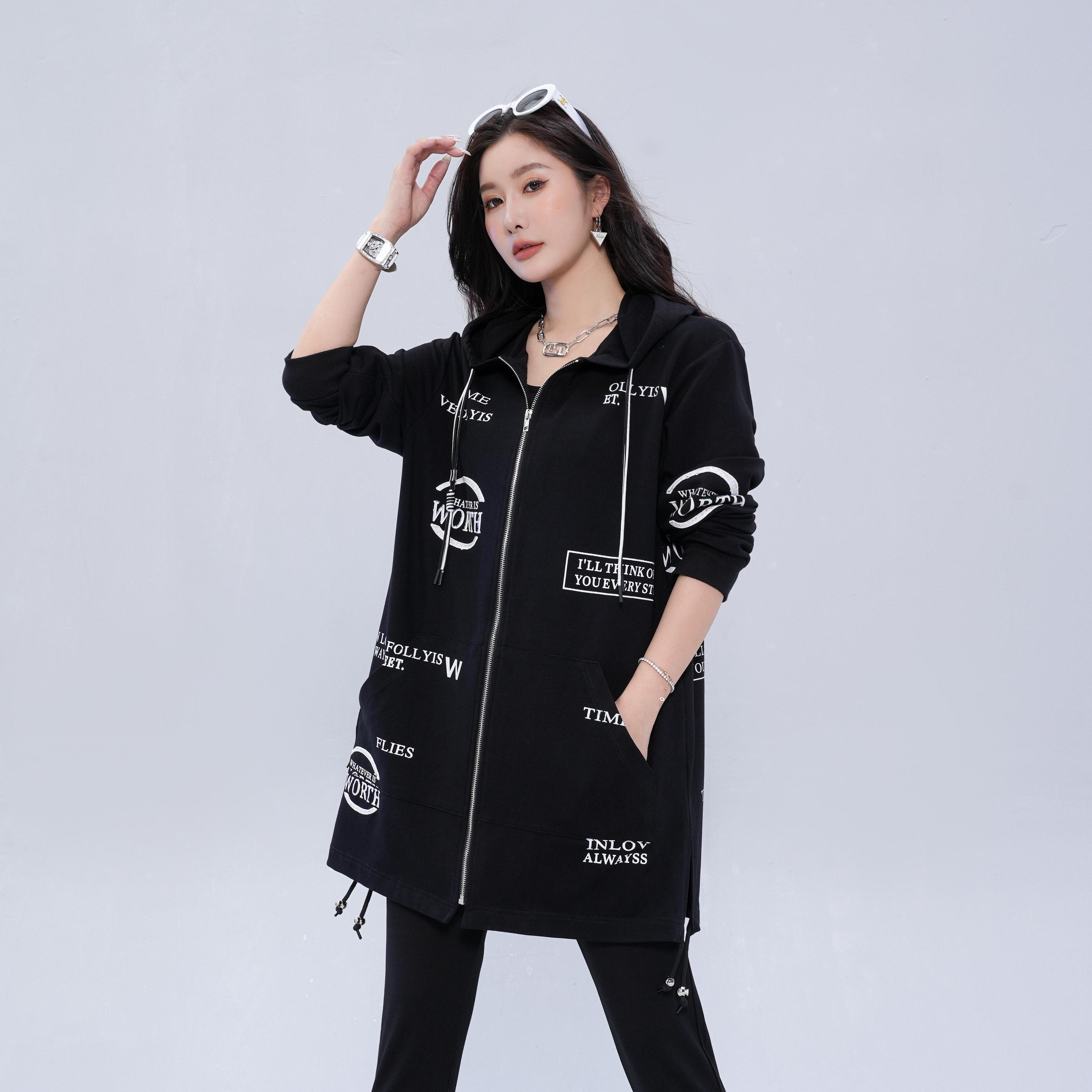 大码女装2025秋款字母连帽宽松时尚外套6506