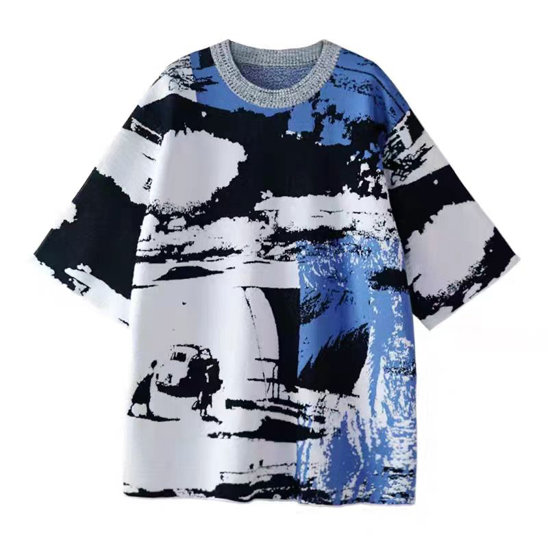 初秋新品粉蓝色雪景印花短袖针织衫