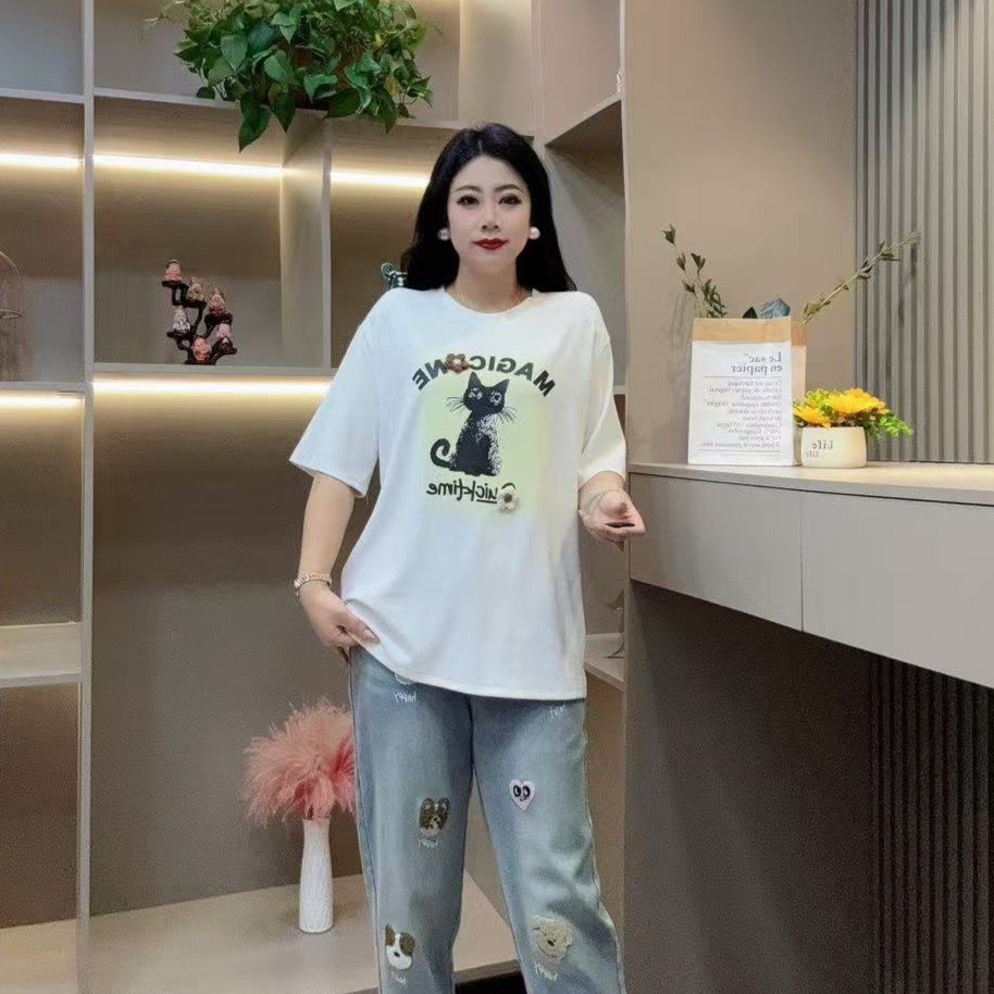 冬季半袖-甜 8541时尚潮流百搭字母卡通小花款胖MM大码女装新款