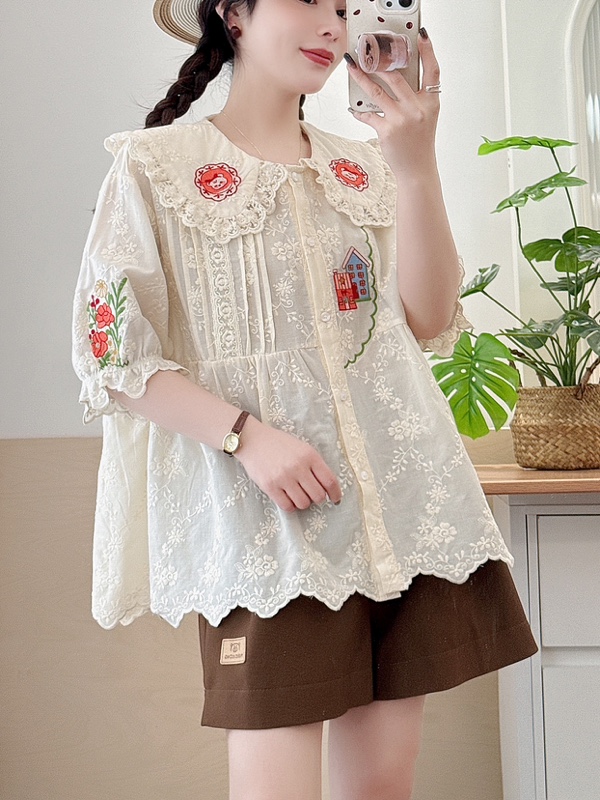 01#-100#吉合森系女装重工刺绣花边蕾丝娃娃领百搭衬衣