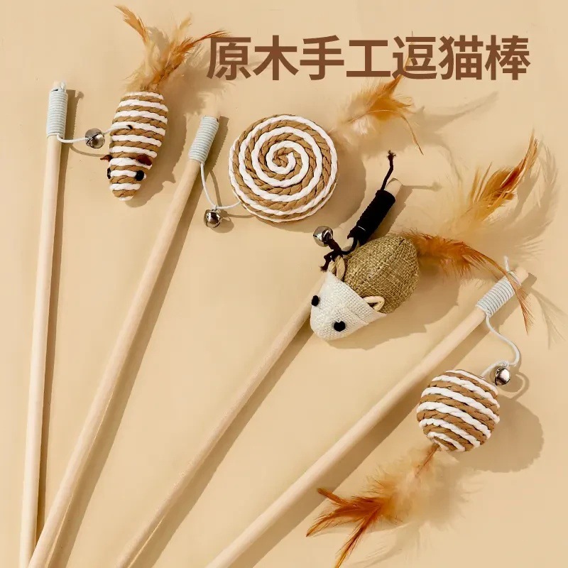 新款棉麻木杆逗猫棒长杆逗猫杆手持互动自嗨耐咬带铃铛羽毛猫玩具