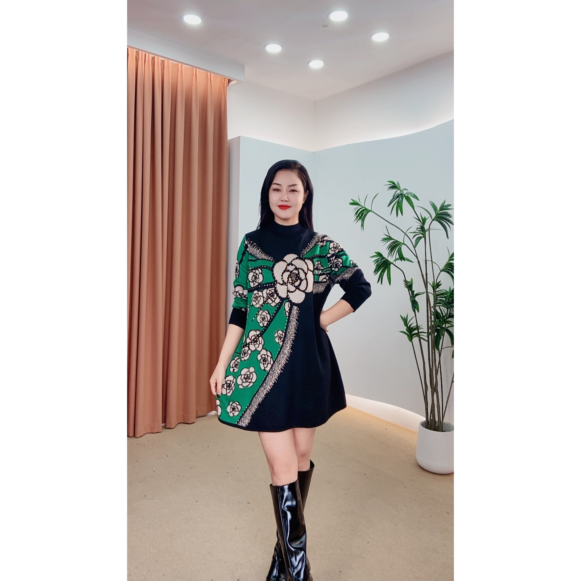 285针织时尚女士网红秋冬提花百搭休闲打底加厚女装连衣裙印花