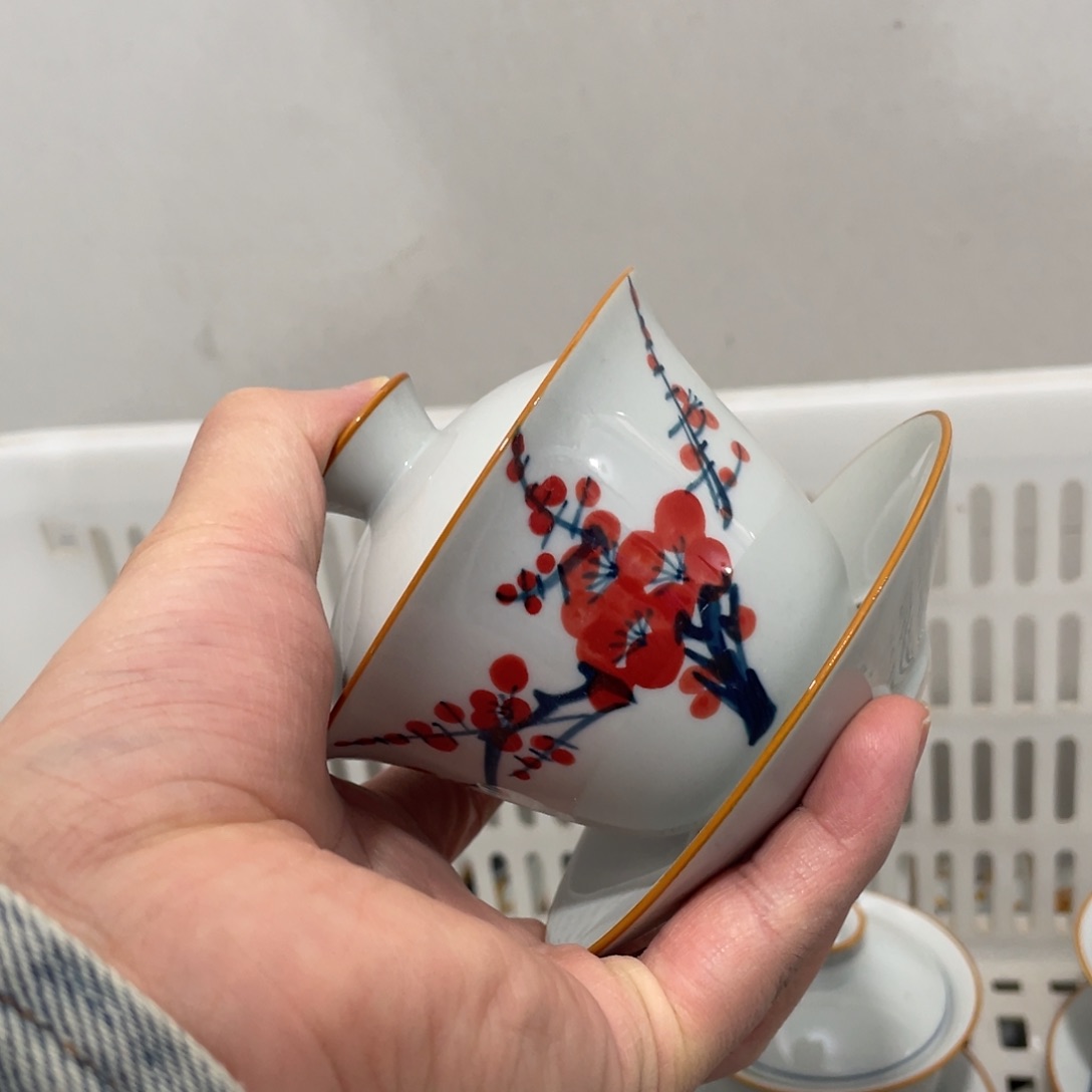 釉下手绘茶具，，大瑕