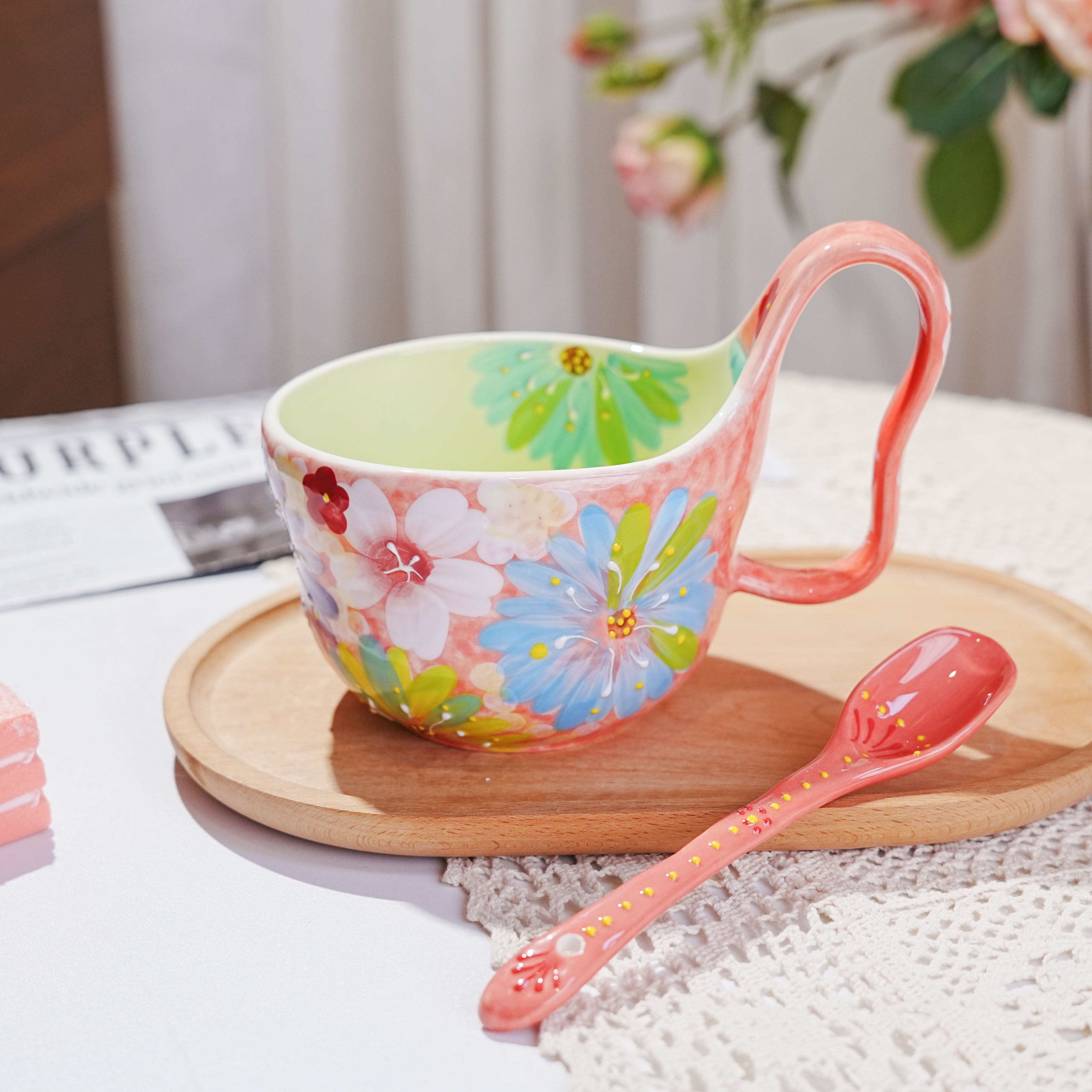 【二件套】濑户烧粉色月季葫芦曲把杯450ML带勺手绘陶瓷水杯早餐杯