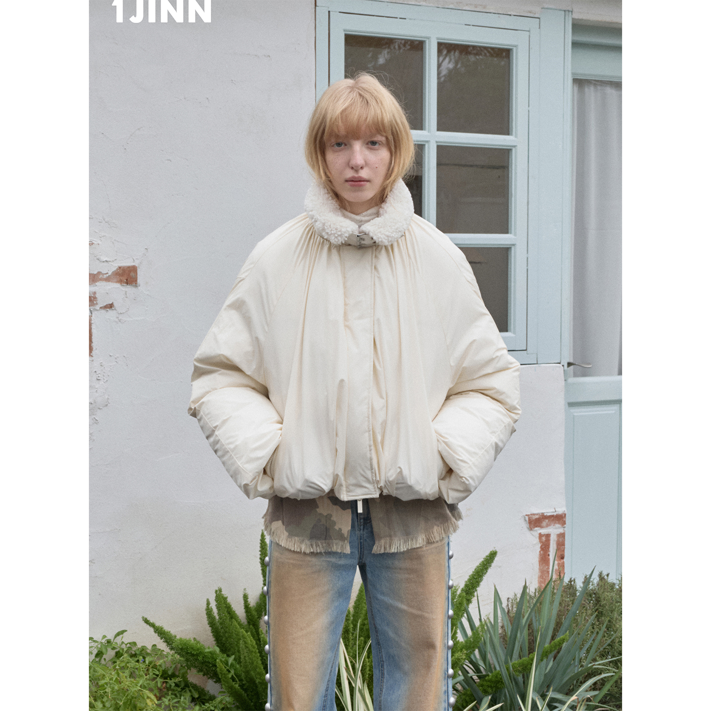 【25冬新VOL.4】1JINN STUDIO 羊羔毛立领皮带褶皱花苞羽绒服