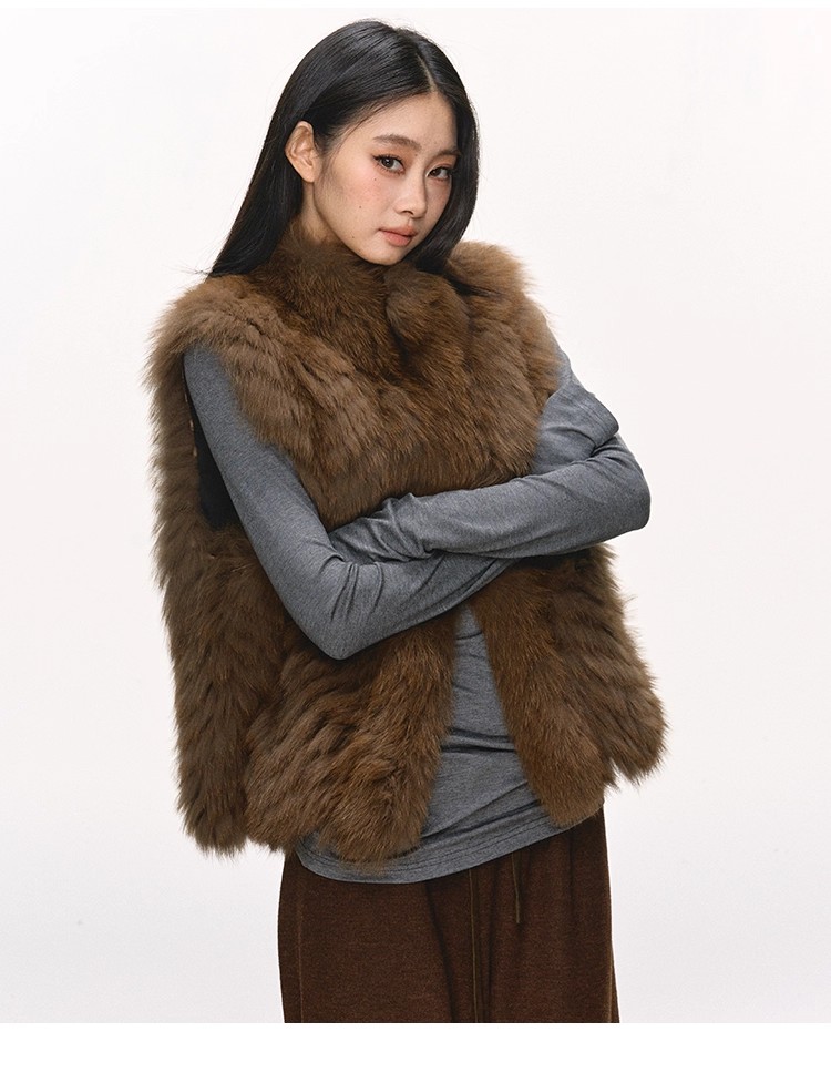 anna aneae狐狸毛背毛皮草马甲外套女冬季米白色保暖短款毛毛大衣