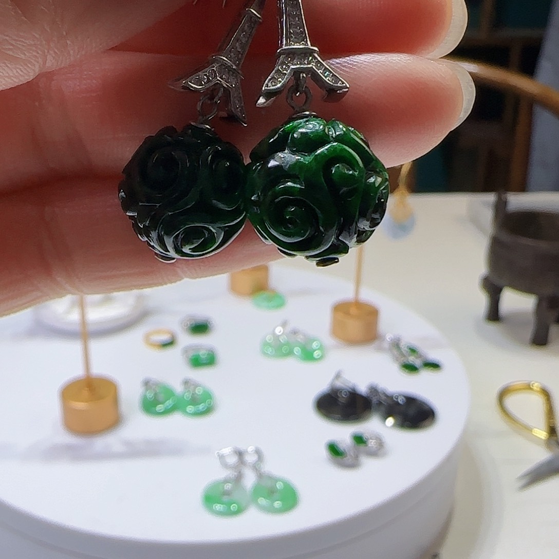 翡翠耳饰银S925镶嵌天然缅甸a货翡翠