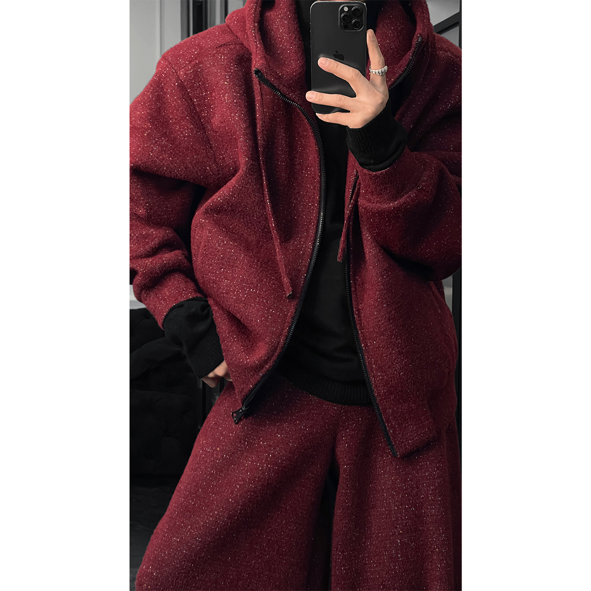  龙叨叨冬季新品复古高级感满天星百搭连帽卫衣宽松阔腿长裤套装