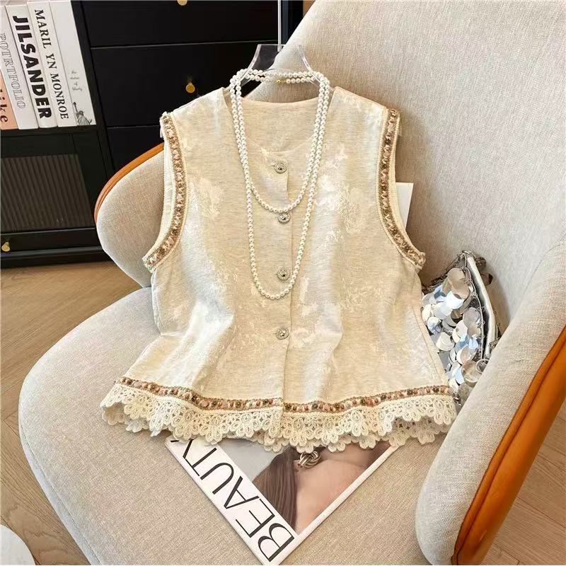 A1461 柔金蕾边  小香风马甲拼接蕾丝花边