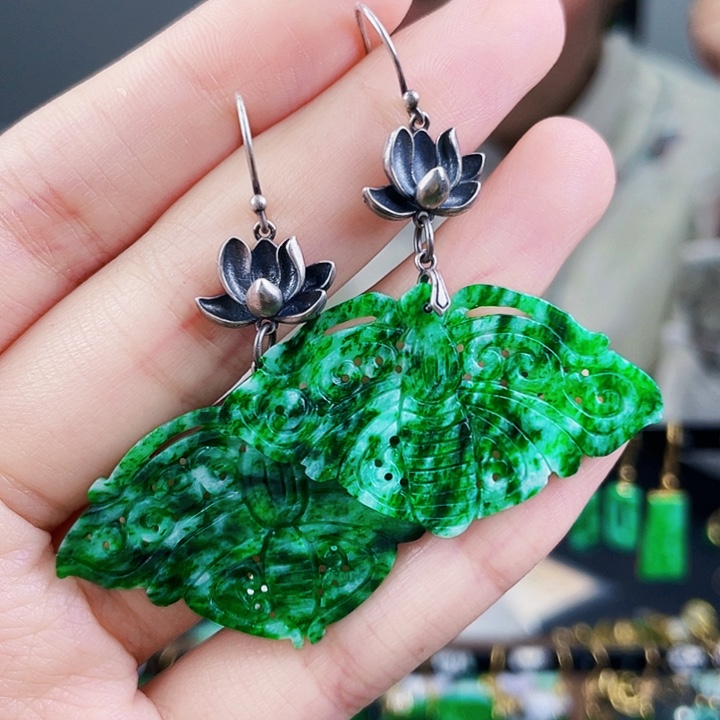 翡翠耳饰银S925镶嵌饰品